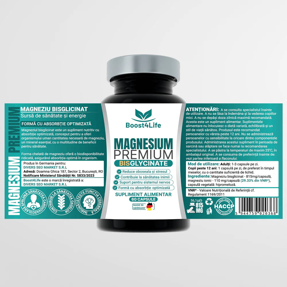 Magneziu Bisglicinat Premium, 815 Mg, Capsule Vegane