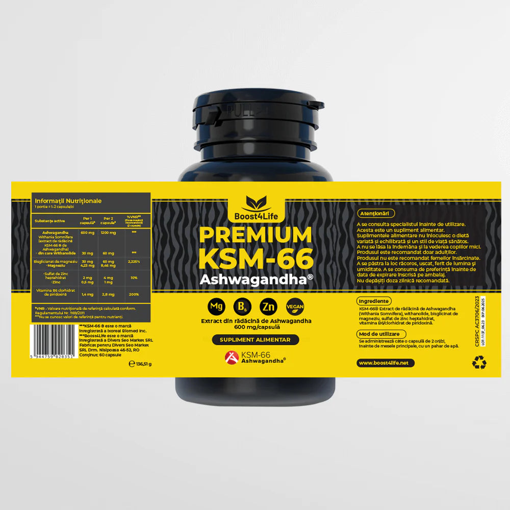 Ashwagandha KSM-66 Premium, 600 Mg, 60 Capsule Vegane