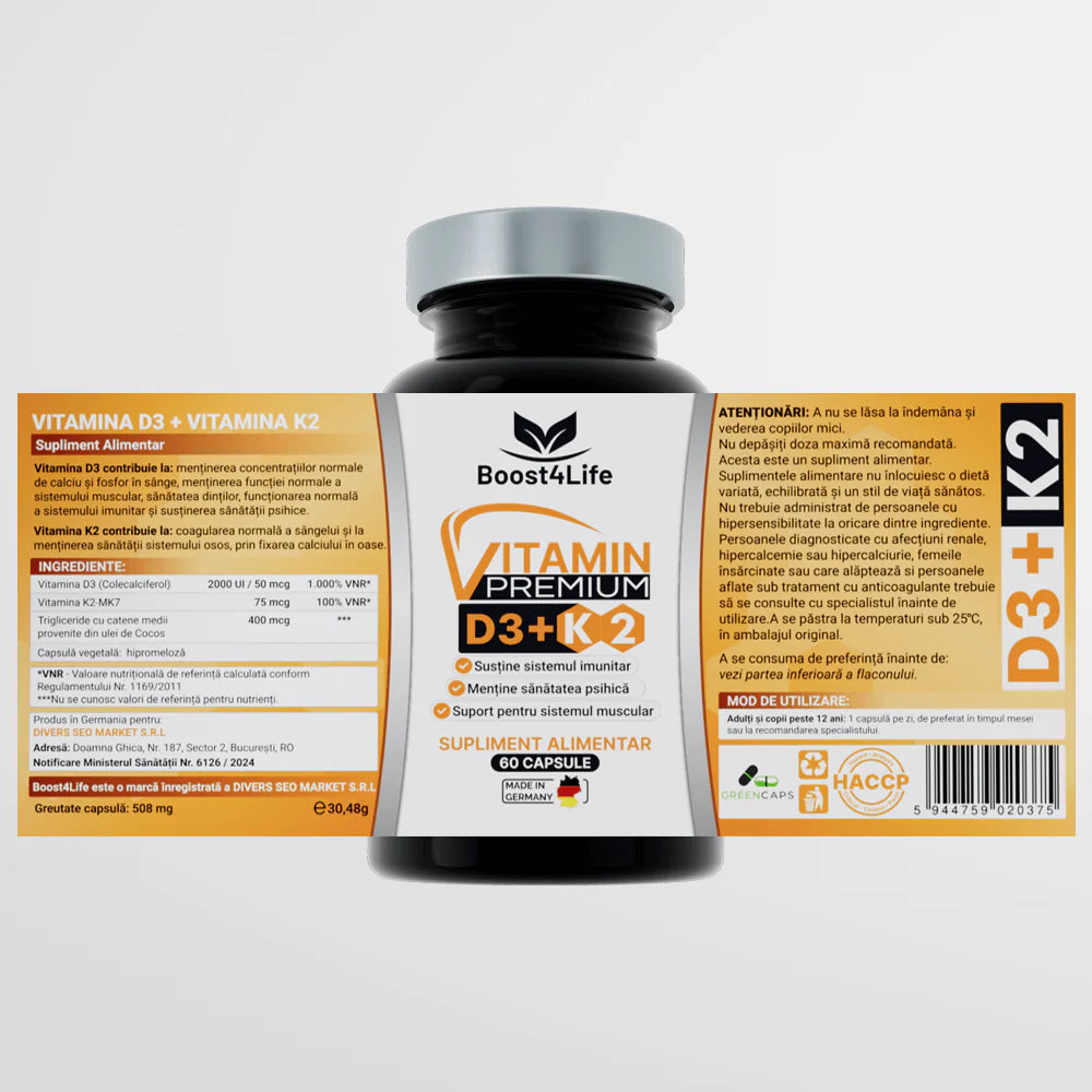 Vitamin D3+K2 Premium, Green Caps, 60 Capsule