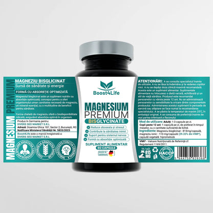 Magneziu Bisglicinat Premium, 815 Mg, Capsule Vegane
